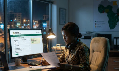 Digital AfCFTA trade compliance tool showing rules of origin assessment for African manufacturers.