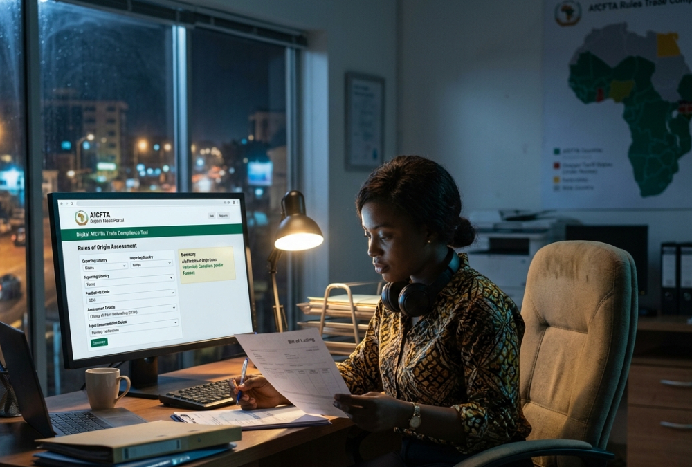 Digital AfCFTA trade compliance tool showing rules of origin assessment for African manufacturers.