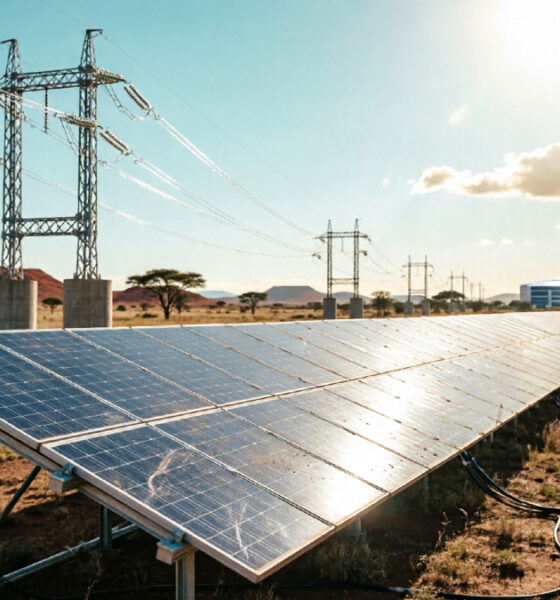 Solar panels and power transmission lines in Africa symbolizing the energy infrastructure needed to power the continent's AI future