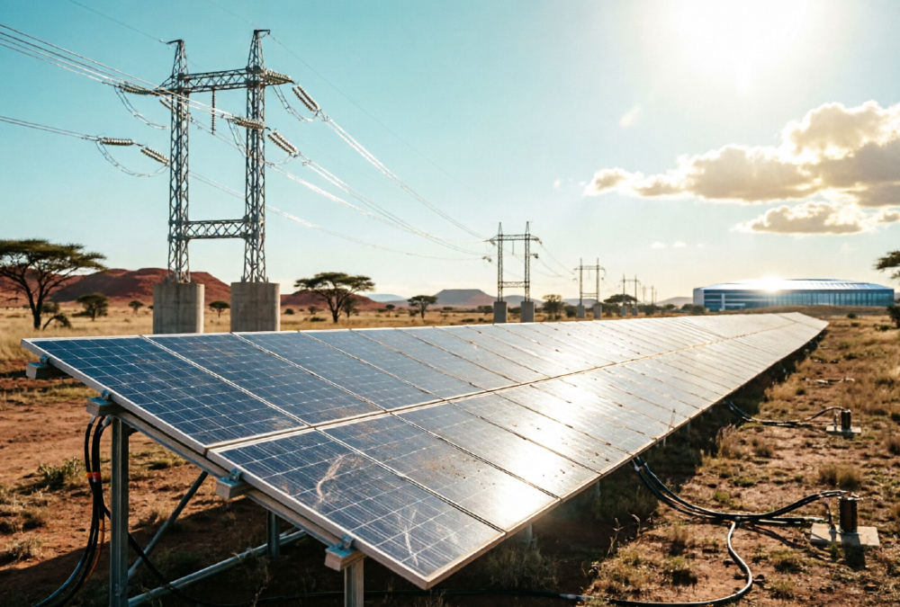Solar panels and power transmission lines in Africa symbolizing the energy infrastructure needed to power the continent's AI future
