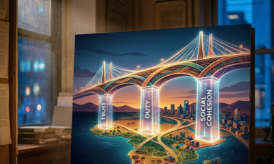 Abstract illustration of a bridge supported by invisible moral pillars - trust, duty, and social cohesion - representing Africa's unseen foundations of governance.