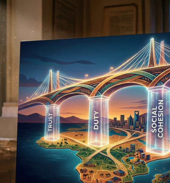 Abstract illustration of a bridge supported by invisible moral pillars - trust, duty, and social cohesion - representing Africa's unseen foundations of governance.