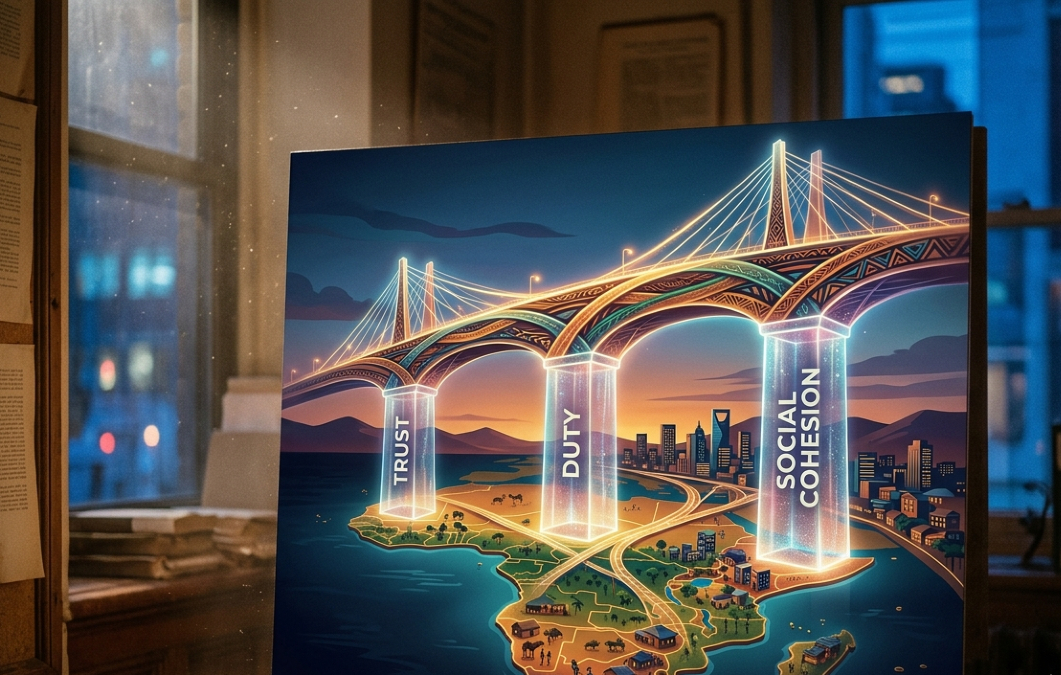 Abstract illustration of a bridge supported by invisible moral pillars - trust, duty, and social cohesion - representing Africa's unseen foundations of governance.