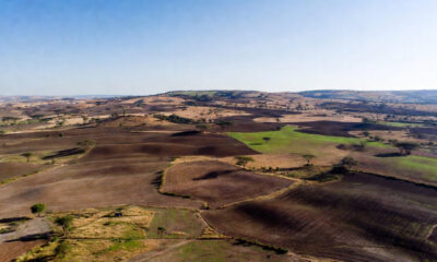 Aerial view of uncultivated arable farmland in Africa, highlighting the continent's untapped agricultural land potential.