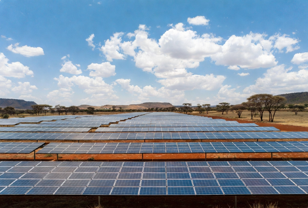 Solar panels at Botswana's Tati Solar Project, symbolizing the country's push toward energy ownership and sovereignty.