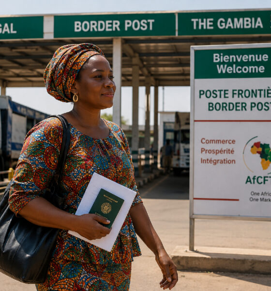 Woman entrepreneur crossing an African border post, illustrating the AfCFTA Protocol on Women and Youth in Trade