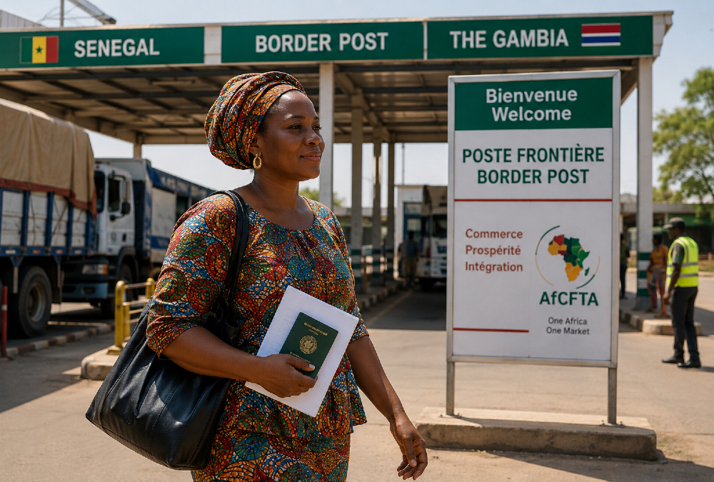 Woman entrepreneur crossing an African border post, illustrating the AfCFTA Protocol on Women and Youth in Trade