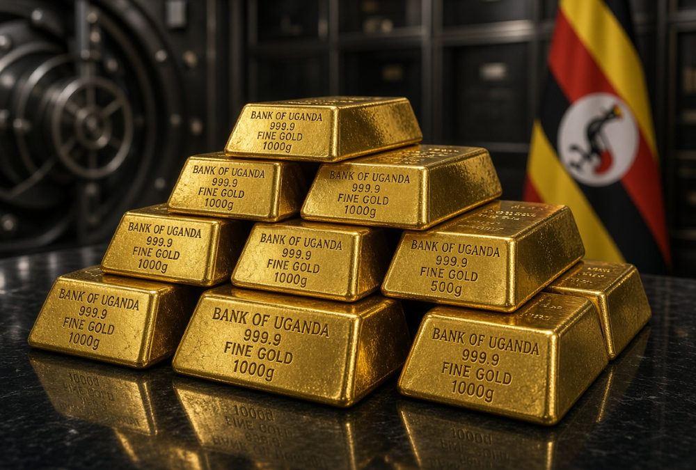 Gold bars representing Uganda's central bank strategy to build national reserves through domestic purchases from local miners rather than international markets