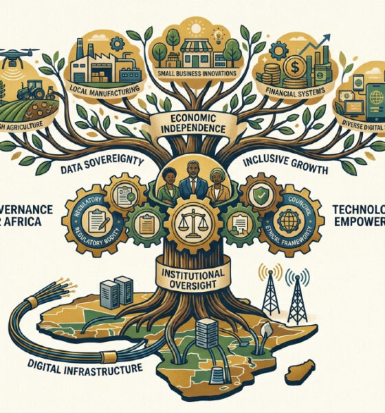 Illustration representing Africa's AI governance model, showing the link between digital infrastructure, institutional oversight, and economic independence