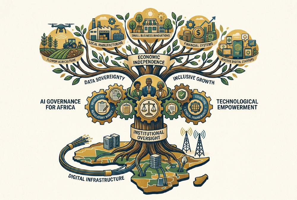 Illustration representing Africa's AI governance model, showing the link between digital infrastructure, institutional oversight, and economic independence