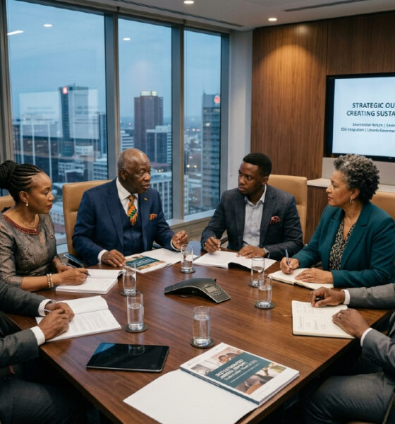 African corporate board discussing shareholder value, stewardship, ESG, Ubuntu, and stakeholder governance in the African business landscape.