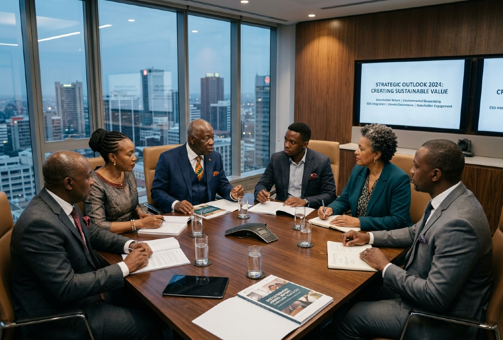 African corporate board discussing shareholder value, stewardship, ESG, Ubuntu, and stakeholder governance in the African business landscape.
