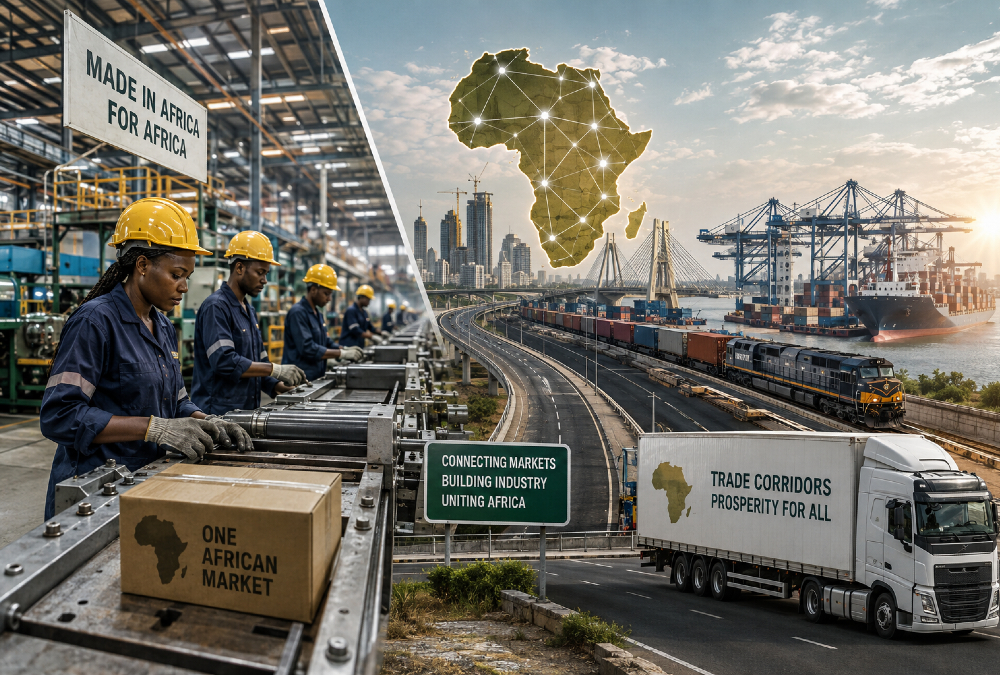 African factories and trade corridors symbolizing the industrial path toward a United States of Africa