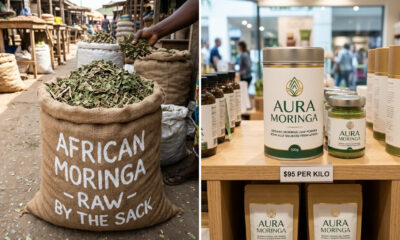 African moringa sold raw by the sack versus branded moringa powder retailing at $95 per kilo in Western stores