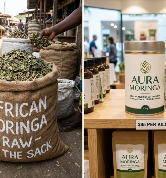 African moringa sold raw by the sack versus branded moringa powder retailing at $95 per kilo in Western stores
