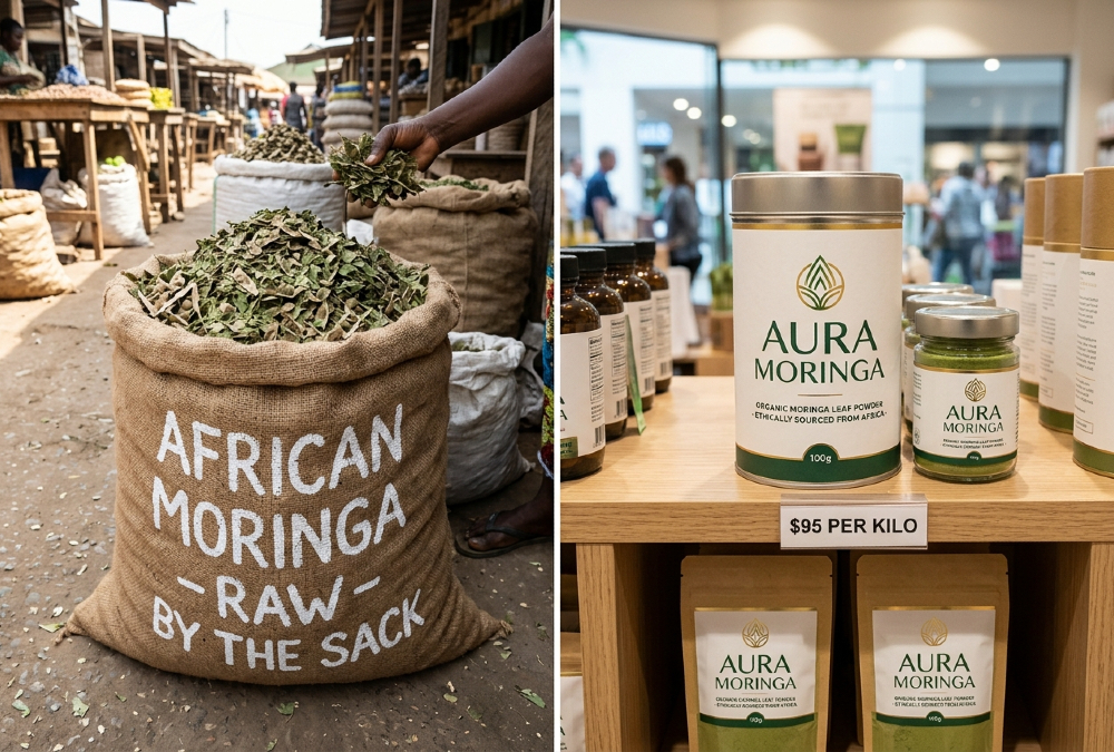 African moringa sold raw by the sack versus branded moringa powder retailing at $95 per kilo in Western stores