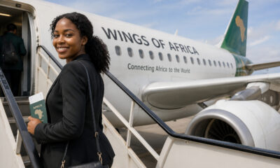 African businesswoman boarding a flight, symbolizing intra-African trade mobility and visa-free travel across the continent