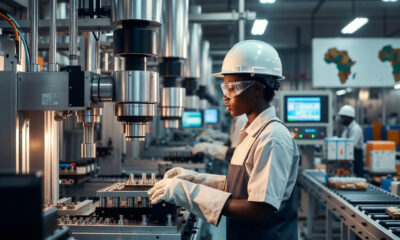 African factory worker operating manufacturing equipment, symbolizing Africa's industrial strategy amid global trade shifts