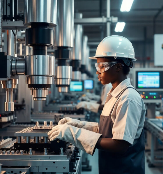 African factory worker operating manufacturing equipment, symbolizing Africa's industrial strategy amid global trade shifts