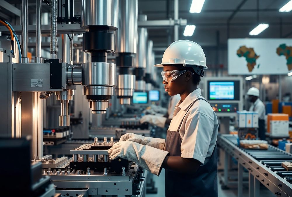 African factory worker operating manufacturing equipment, symbolizing Africa's industrial strategy amid global trade shifts