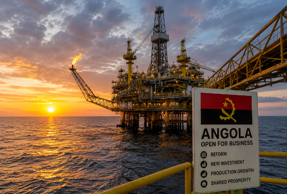 Offshore oil platform representing Angola's oil and gas reform, showcasing new investment and production growth in Africa's energy sector
