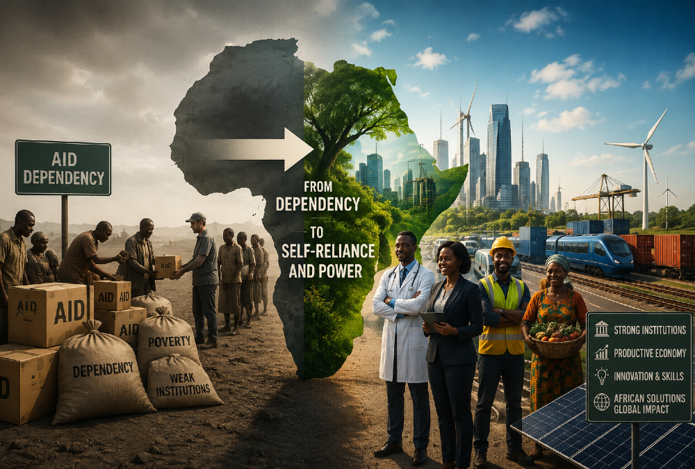 Illustration representing Africa's shift from aid dependency toward self-reliant economic power and institutional strength