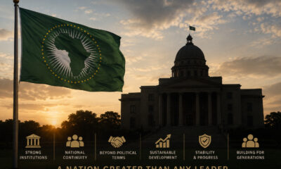 African flag and government building silhouette symbolizing the need for institutional continuity beyond individual presidential terms.