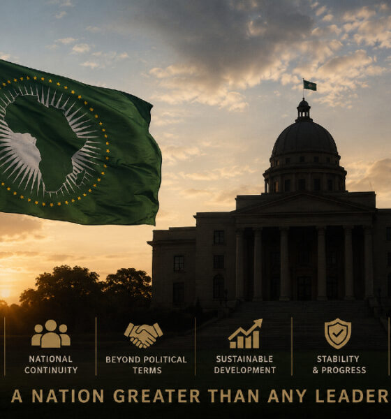 African flag and government building silhouette symbolizing the need for institutional continuity beyond individual presidential terms.