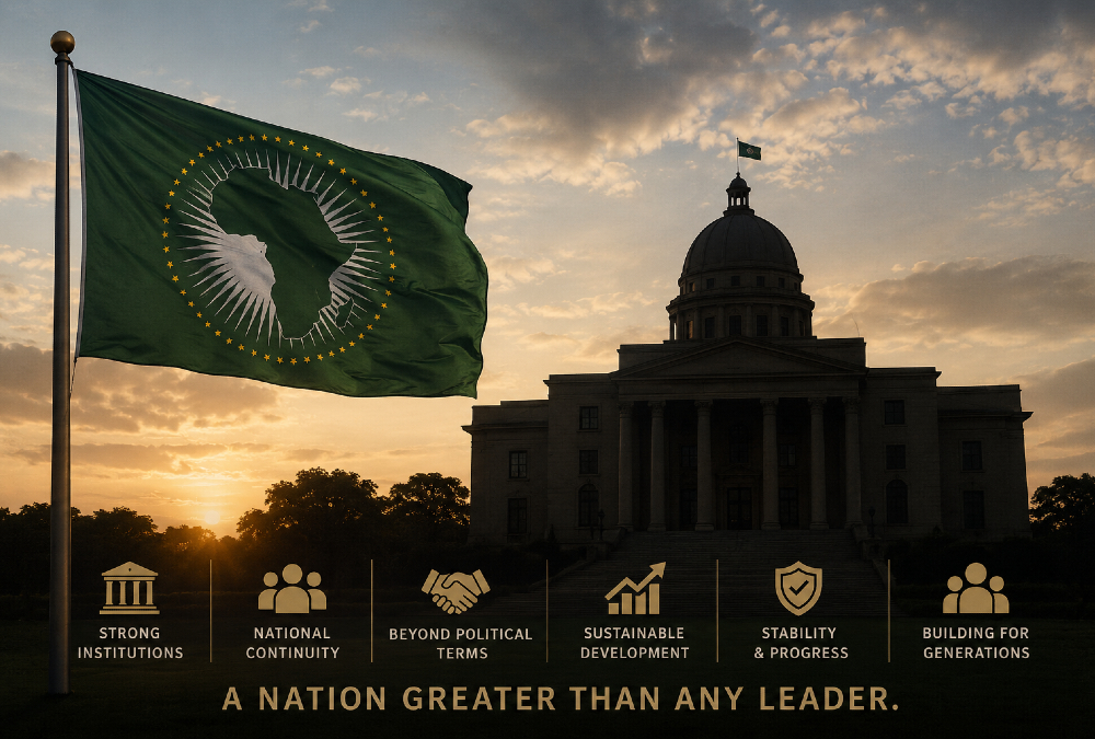 African flag and government building silhouette symbolizing the need for institutional continuity beyond individual presidential terms.