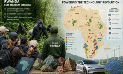 Rwanda gorilla trekking eco-tourism success alongside an Africa rare earth mineral deposits map highlighting the continent's technology revolution potential.
