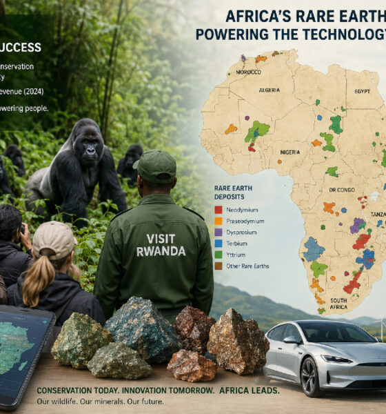 Rwanda gorilla trekking eco-tourism success alongside an Africa rare earth mineral deposits map highlighting the continent's technology revolution potential.
