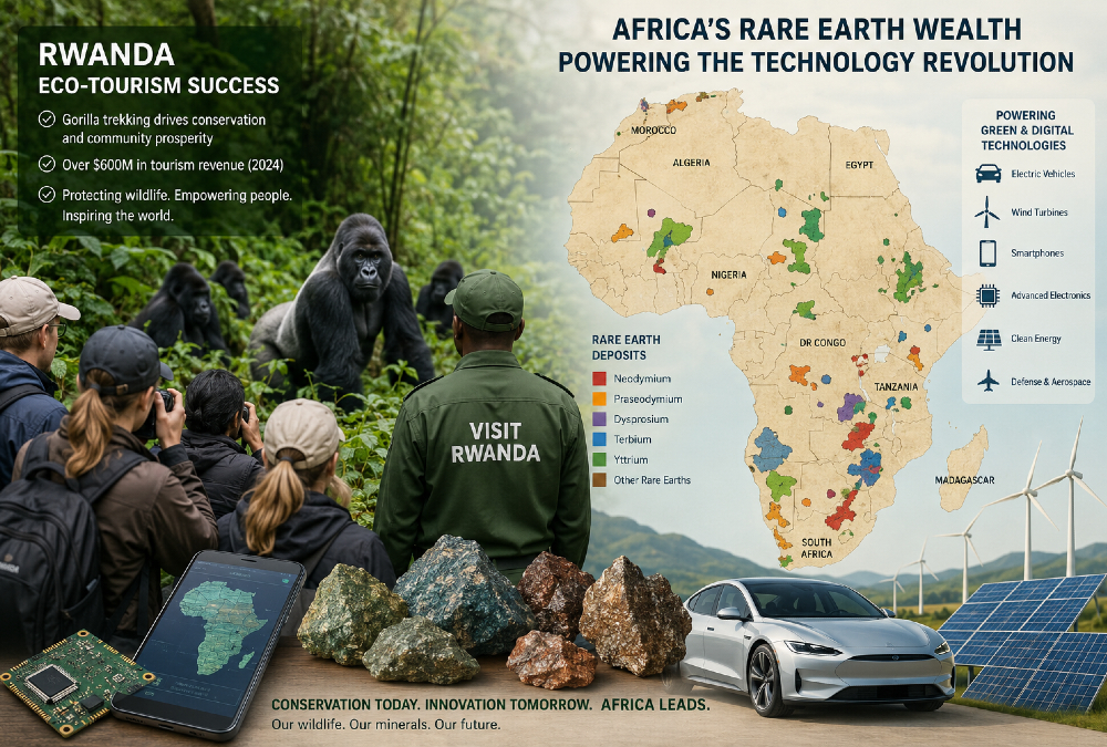 Rwanda gorilla trekking eco-tourism success alongside an Africa rare earth mineral deposits map highlighting the continent's technology revolution potential.