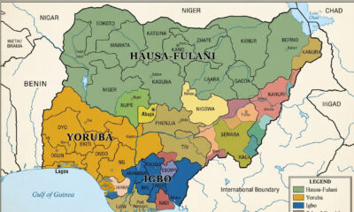 Map showing Nigeria's major ethnic groups: Hausa-Fulani in the north, Yoruba in southwest, and Igbo in southeast