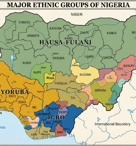 Map showing Nigeria's major ethnic groups: Hausa-Fulani in the north, Yoruba in southwest, and Igbo in southeast