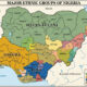 Map showing Nigeria's major ethnic groups: Hausa-Fulani in the north, Yoruba in southwest, and Igbo in southeast