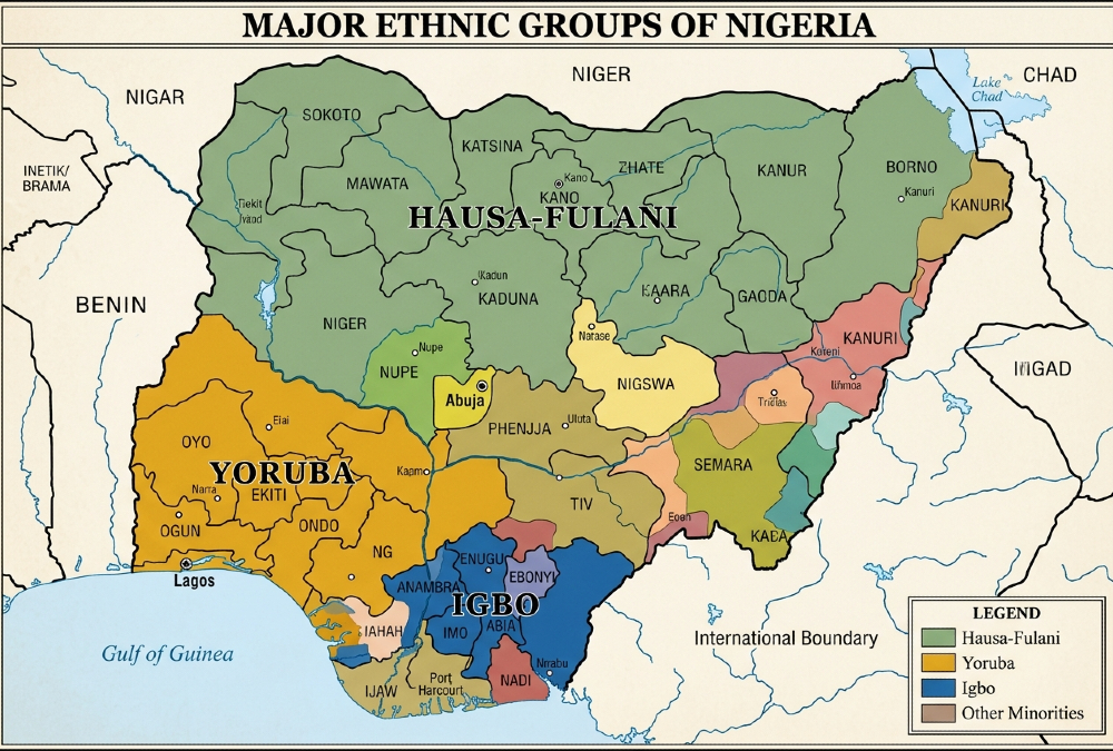 Map showing Nigeria's major ethnic groups: Hausa-Fulani in the north, Yoruba in southwest, and Igbo in southeast