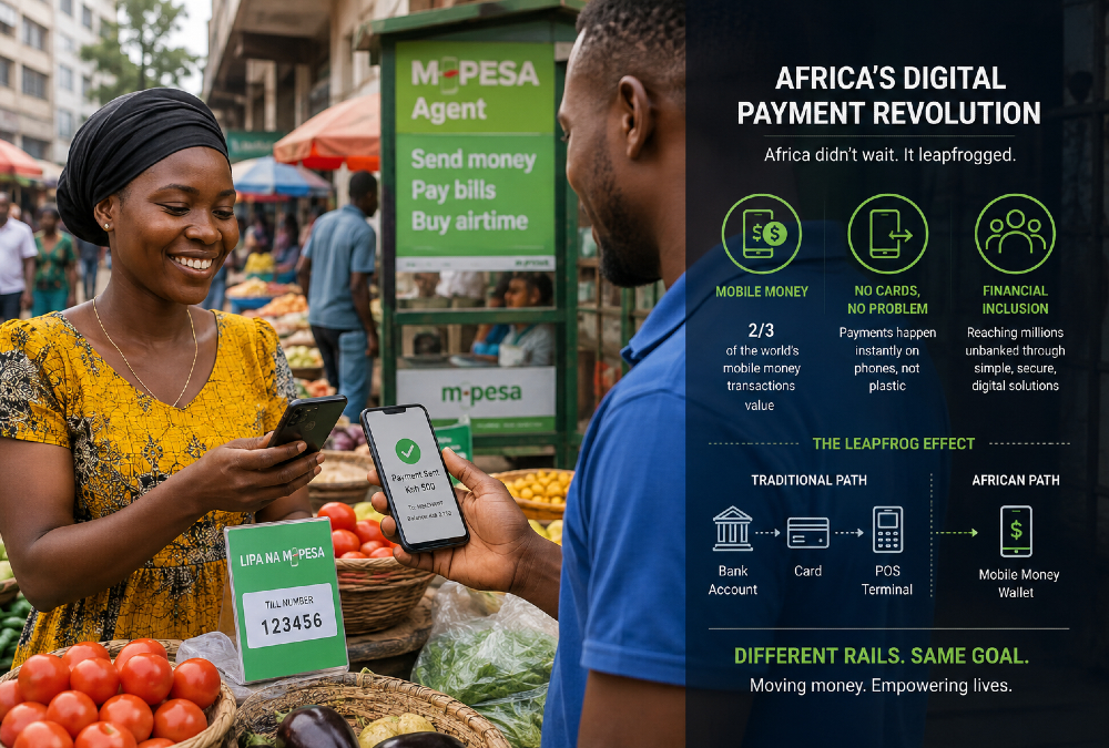 African mobile money and digital payments ecosystem showing people and businesses using smartphones for cashless transactions, highlighting Africa’s leapfrogging of traditional card-based payment infrastructure.