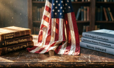 US flag and history books symbolizing the American culture war over historical remembrance and education