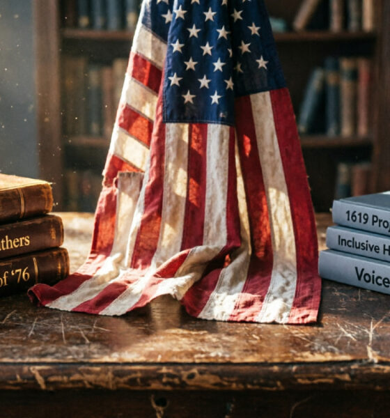 US flag and history books symbolizing the American culture war over historical remembrance and education