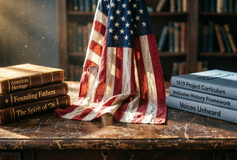 US flag and history books symbolizing the American culture war over historical remembrance and education