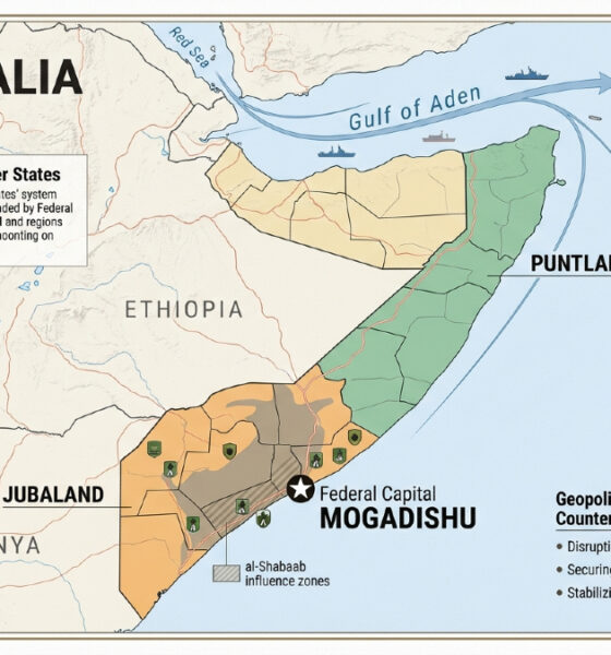 Map of Somalia highlighting the federal capital Mogadishu, the regional states of Puntland and Jubaland, and the strategic Gulf of Aden, illustrating the geopolitical stakes in the fight against al-Shabaab.