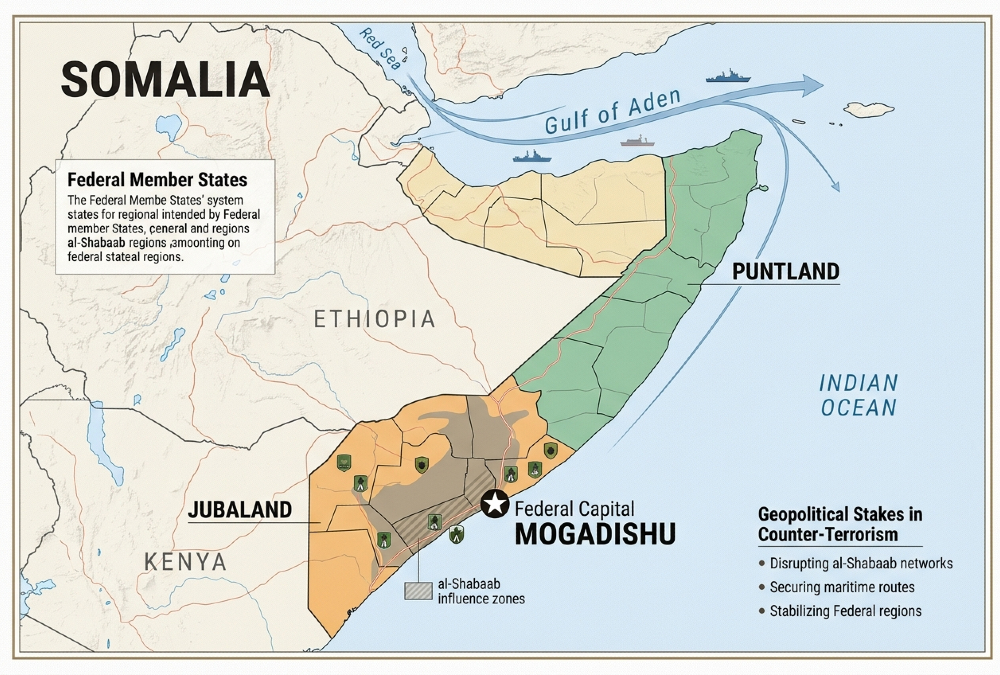 Map of Somalia highlighting the federal capital Mogadishu, the regional states of Puntland and Jubaland, and the strategic Gulf of Aden, illustrating the geopolitical stakes in the fight against al-Shabaab.