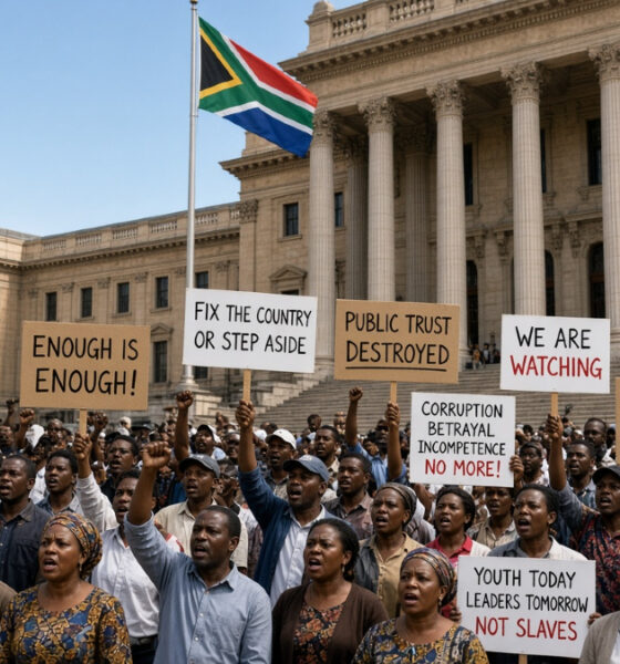 Citizens of an African country gathered and protesting outside a government building, reflecting declining public trust amid Africa's leadership crisis