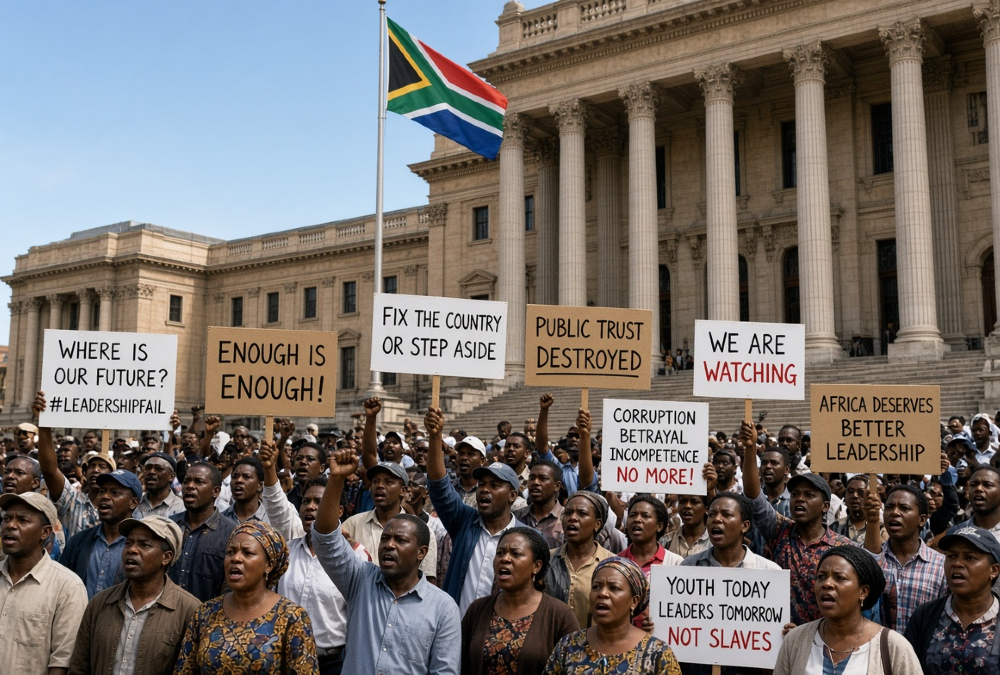 Citizens of an African country gathered and protesting outside a government building, reflecting declining public trust amid Africa's leadership crisis
