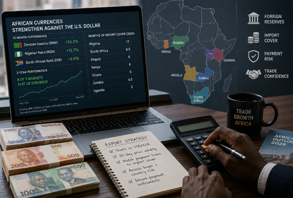 African currencies strengthen against the U.S. dollar as exporters assess foreign-exchange reserves, import cover, and payment risks across Nigeria, Zambia, Ghana, Kenya, Uganda, Angola, and South Africa.