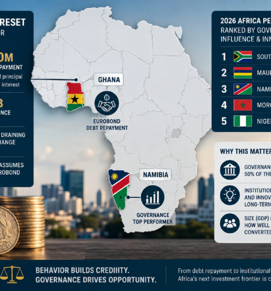 African map highlighting Ghana and Namibia with icons for Eurobond debt repayment and governance ranking, illustrating Africa governance vs GDP investment trends