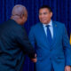 Ghanaian President John Mahama and Jamaican Prime Minister Andrew Holness shake hands during state visit, announcing Africa-Caribbean free trade proposal and direct Accra-Montego Bay flights.