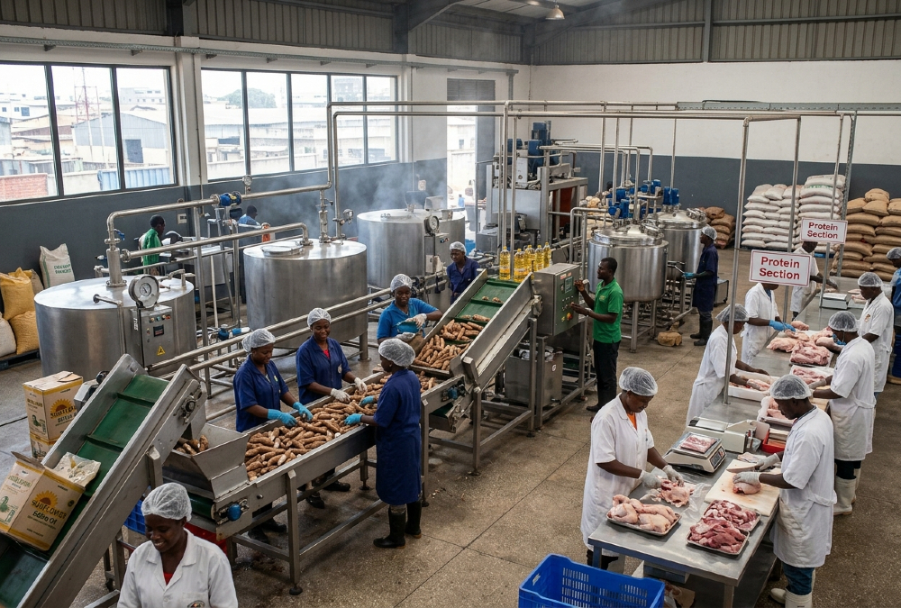 Urban food processing facility in West Africa meeting growing demand for processed foods, edible oils, and animal protein