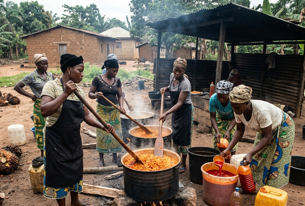 Women palm oil processors working in informal sector, extracting and packaging red palm oil in rural Nigeria, backbone of continent's women-led agricultural value chain.