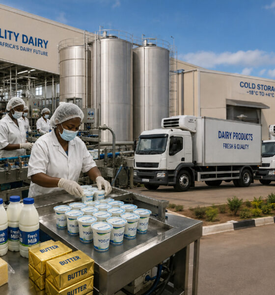 Modern dairy processing plant and cold-chain storage infrastructure in Africa, supporting value-added exports of cheese, butter, and yogurt to neighboring countries.